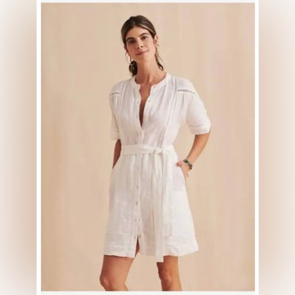 FAHERTY Linen White Button-Up Dress with Belt. Size XXS
